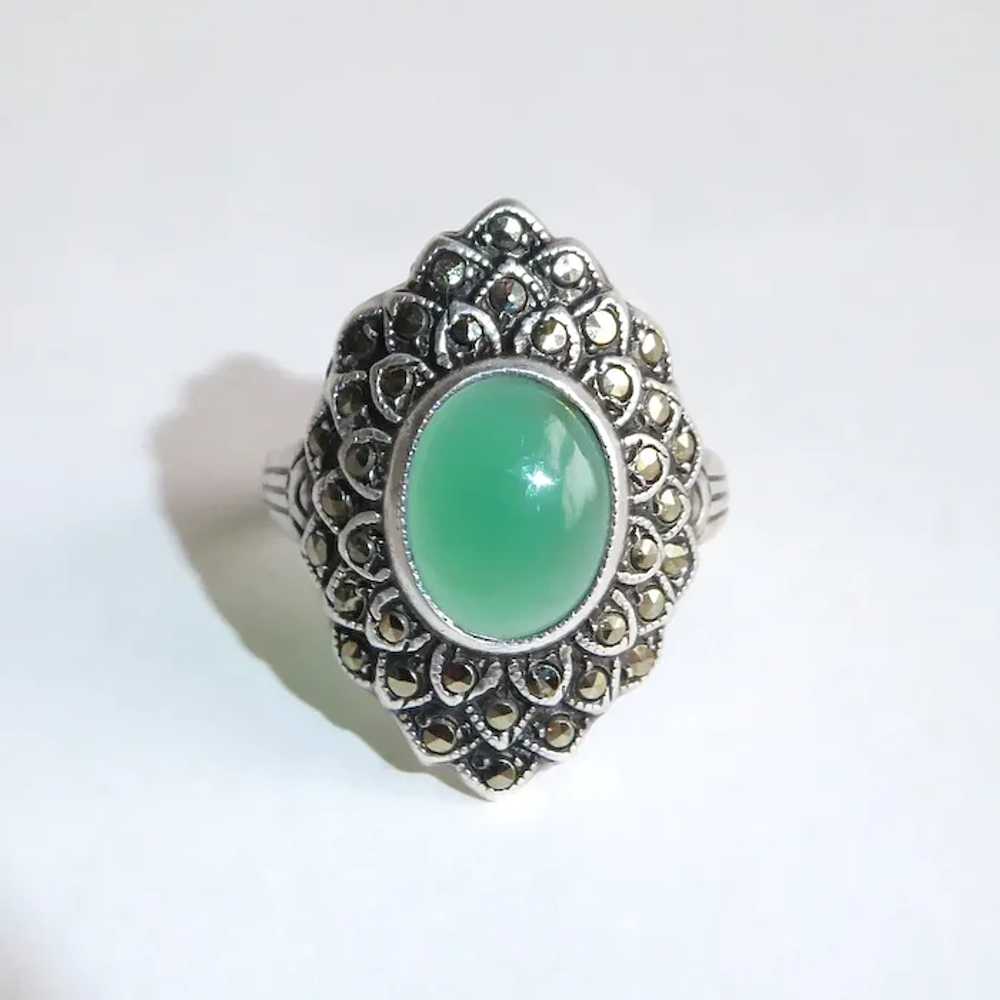 Art Deco Sterling Marcasite & Chrysoprase Ring - image 11