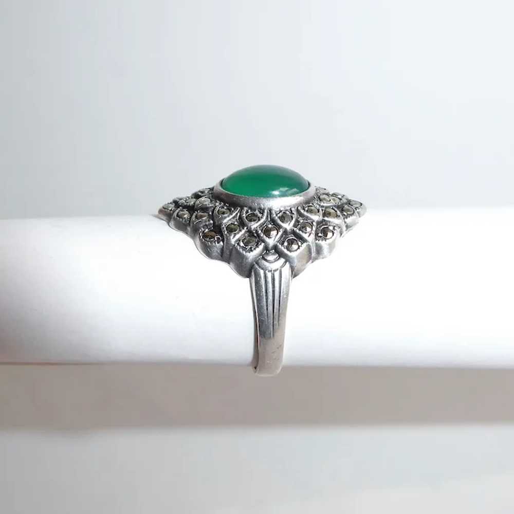 Art Deco Sterling Marcasite & Chrysoprase Ring - image 12