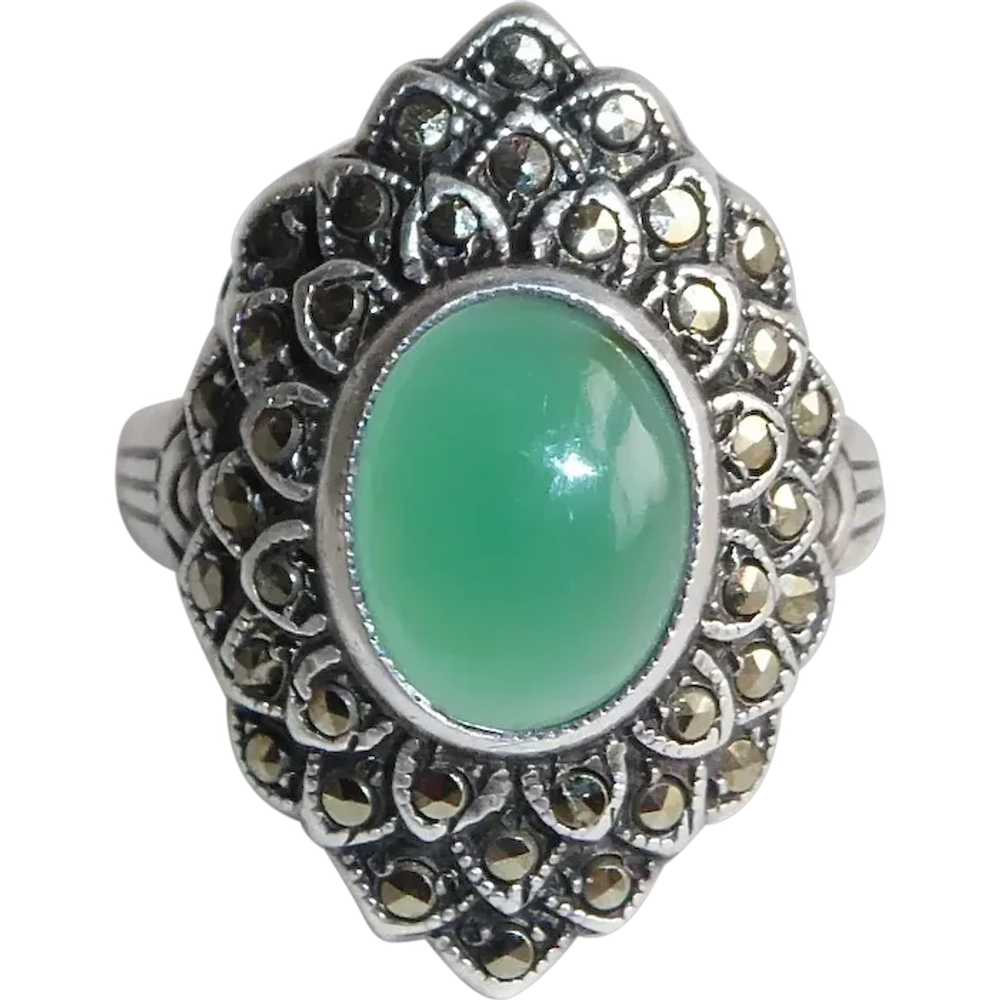 Art Deco Sterling Marcasite & Chrysoprase Ring - image 1