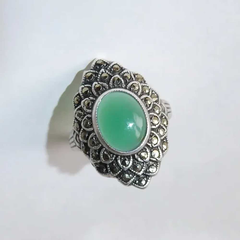 Art Deco Sterling Marcasite & Chrysoprase Ring - image 2