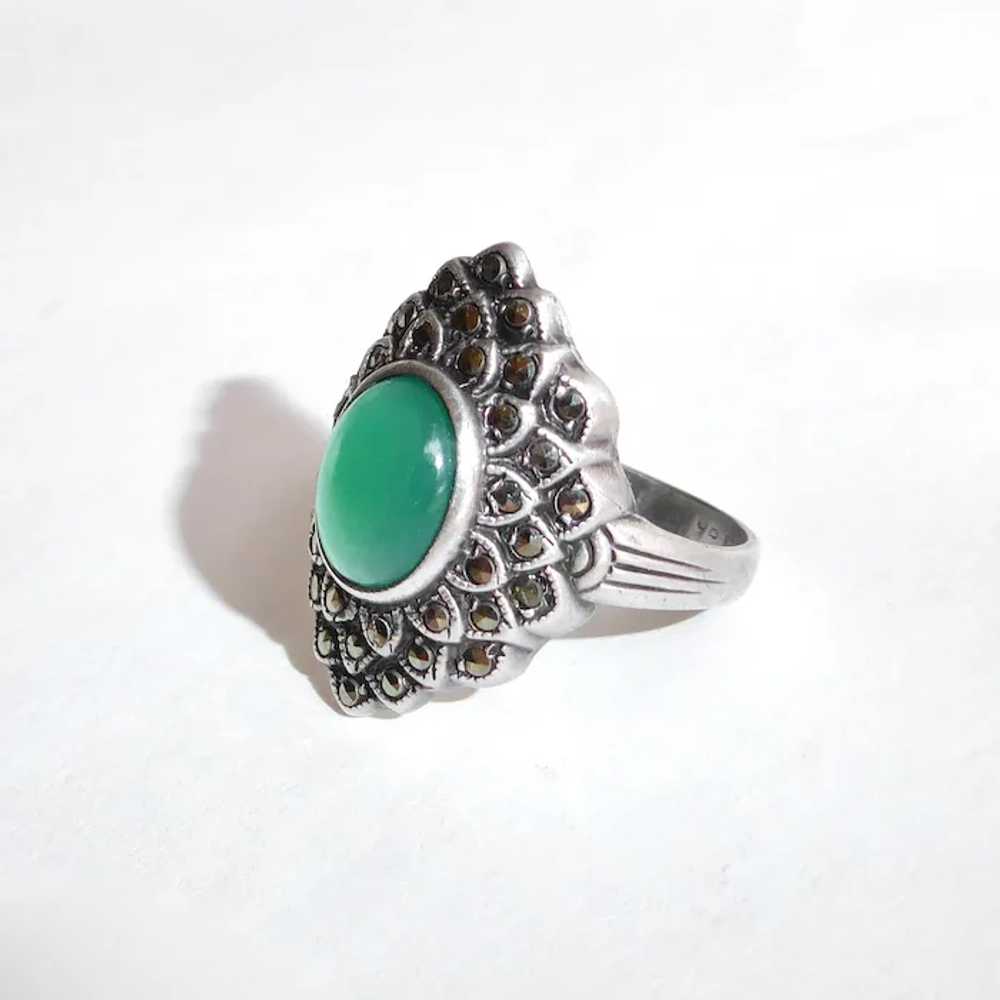 Art Deco Sterling Marcasite & Chrysoprase Ring - image 3