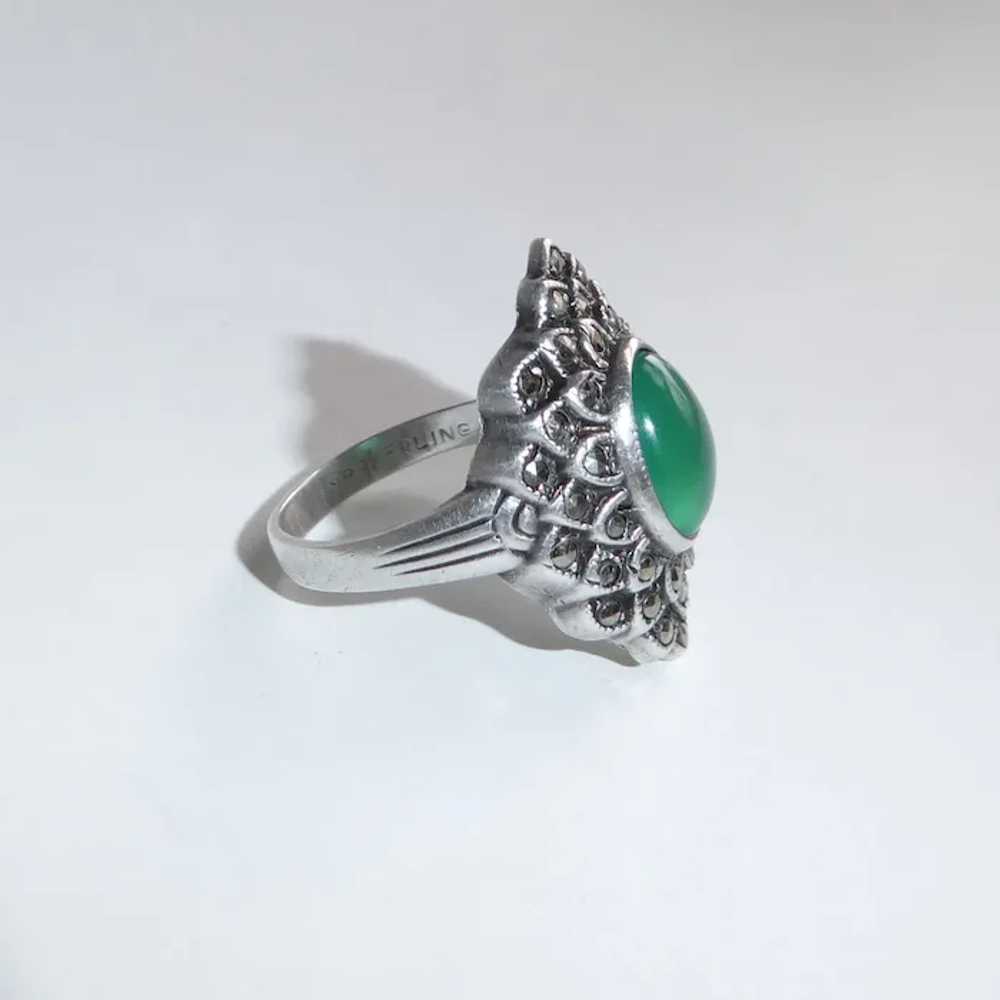 Art Deco Sterling Marcasite & Chrysoprase Ring - image 6