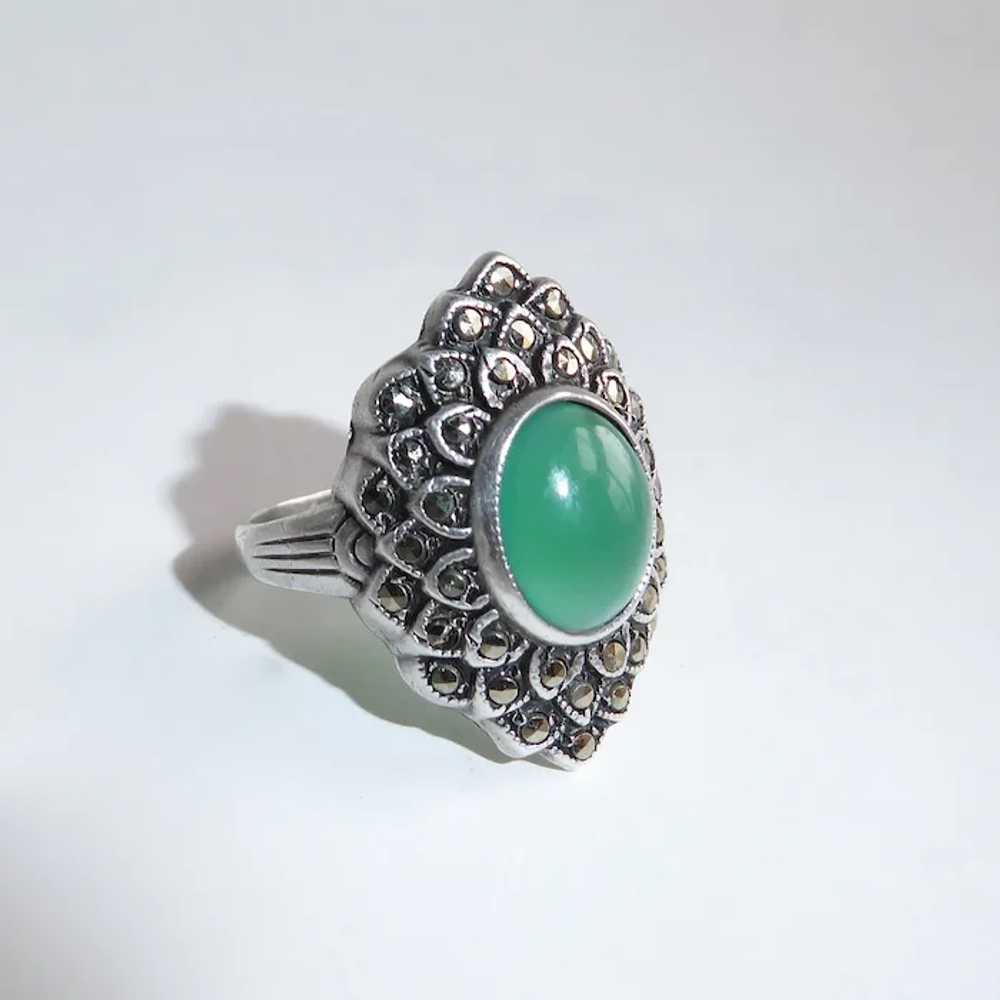 Art Deco Sterling Marcasite & Chrysoprase Ring - image 7