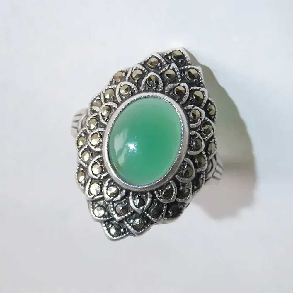 Art Deco Sterling Marcasite & Chrysoprase Ring - image 8