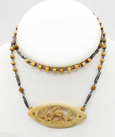 Chinese Export Carved Bone Crane Necklace