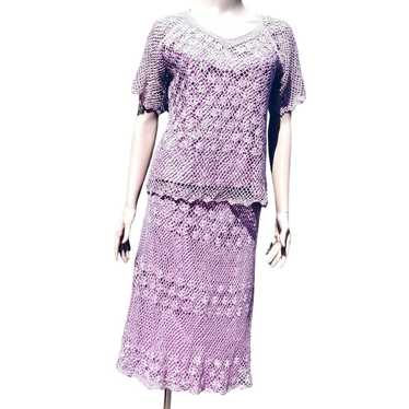Vintage 70s Hand Crochet Set M L Skirt Top Lilac … - image 1