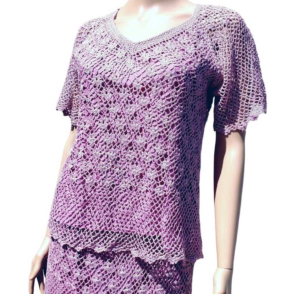 Vintage 70s Hand Crochet Set M L Skirt Top Lilac … - image 4