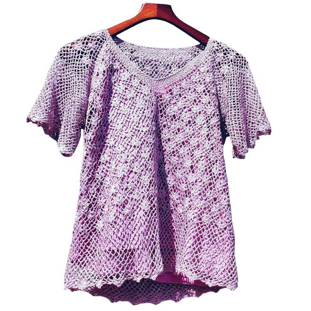 Vintage 70s Hand Crochet Set M L Skirt Top Lilac … - image 8