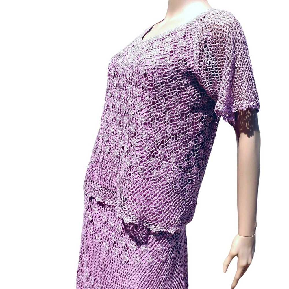 Vintage 70s Hand Crochet Set M L Skirt Top Lilac … - image 9