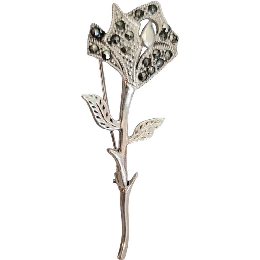 Sterling Silver Marcasite Stemmed Rose Flower Pin… - image 1