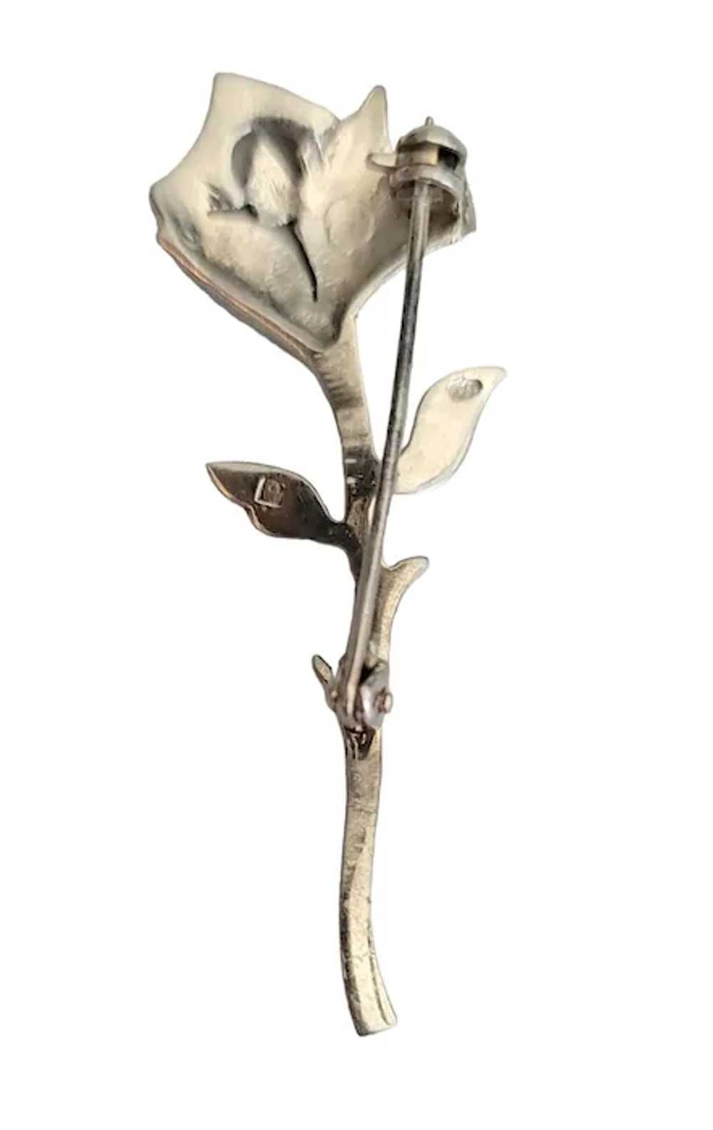 Sterling Silver Marcasite Stemmed Rose Flower Pin… - image 2