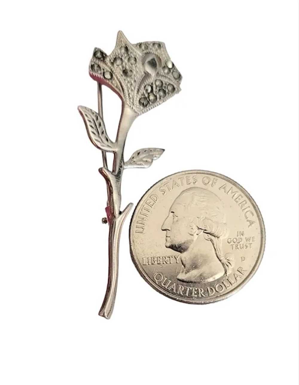 Sterling Silver Marcasite Stemmed Rose Flower Pin… - image 3