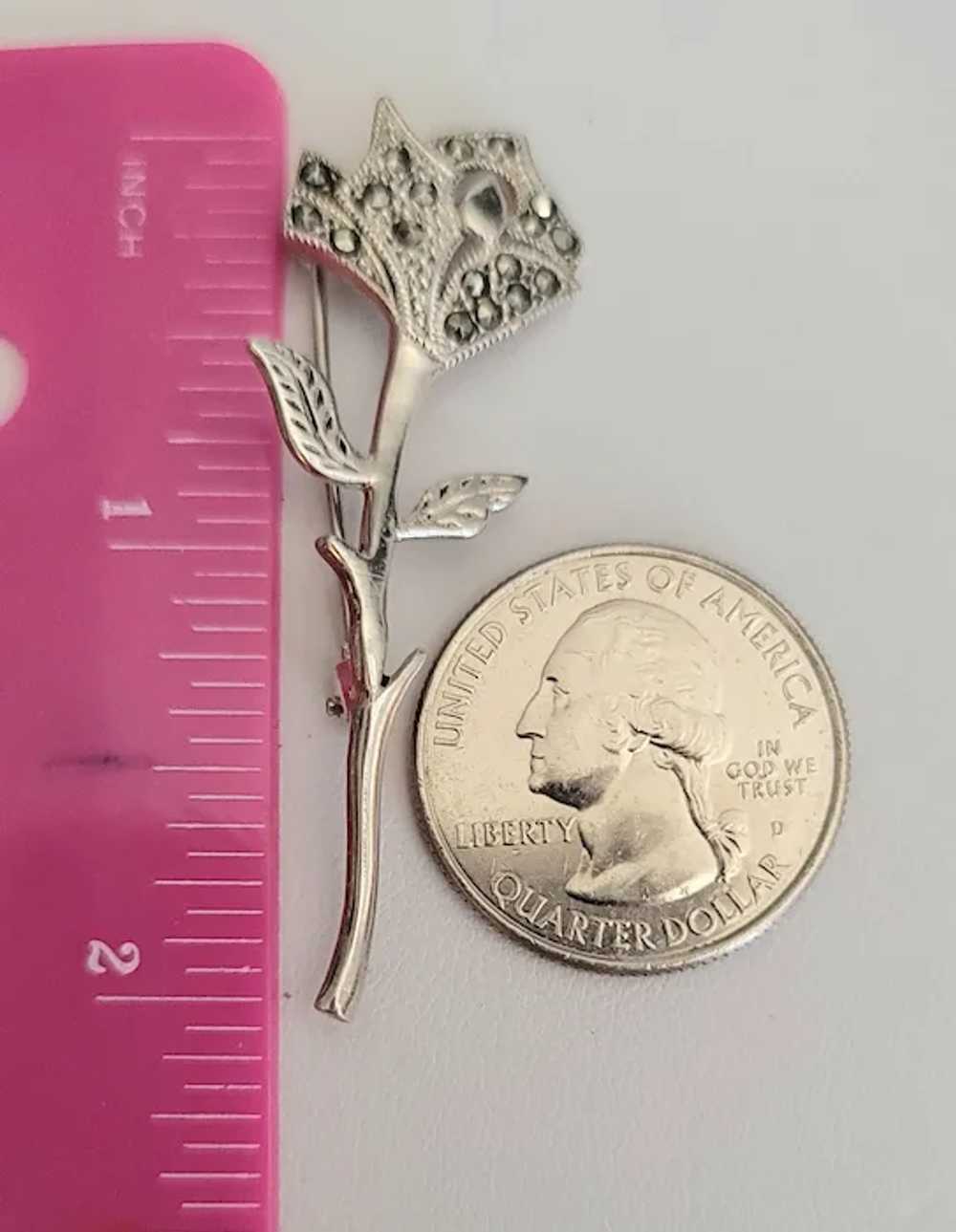 Sterling Silver Marcasite Stemmed Rose Flower Pin… - image 4