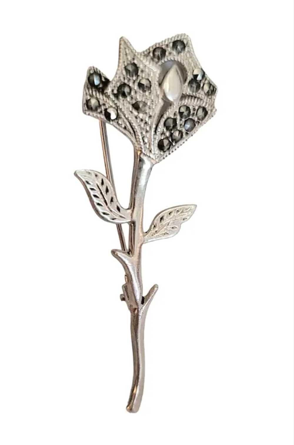 Sterling Silver Marcasite Stemmed Rose Flower Pin… - image 5