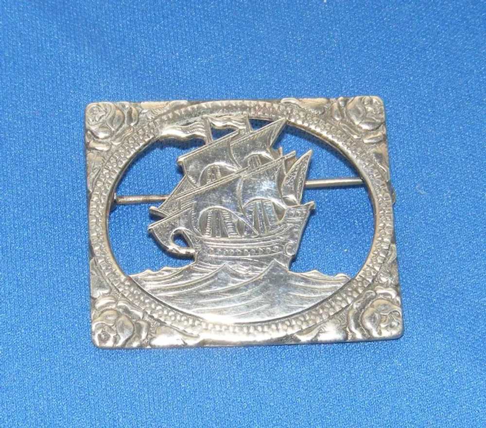 30s Sterling Brooch Art Deco Ship Rose Corners La… - image 4