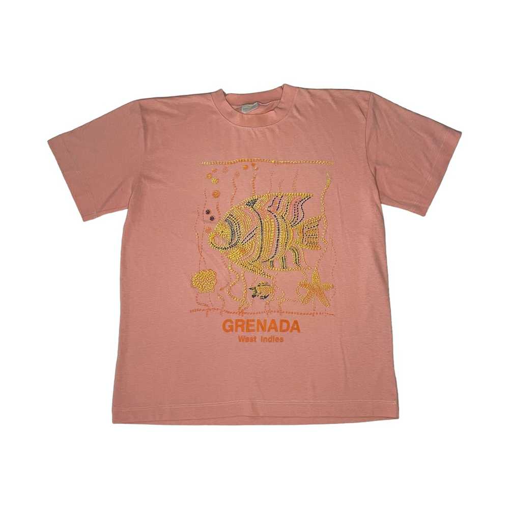 Vintage Grenada pink t-shirt tees fishes embroide… - image 1
