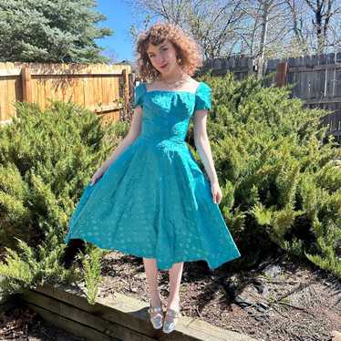Antique Teal 1950s Embroidered Satin Party Dress