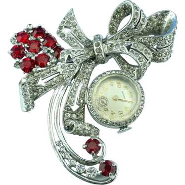 1930"s Art Deco Red and Clear Rhinestone Watch Br… - image 1