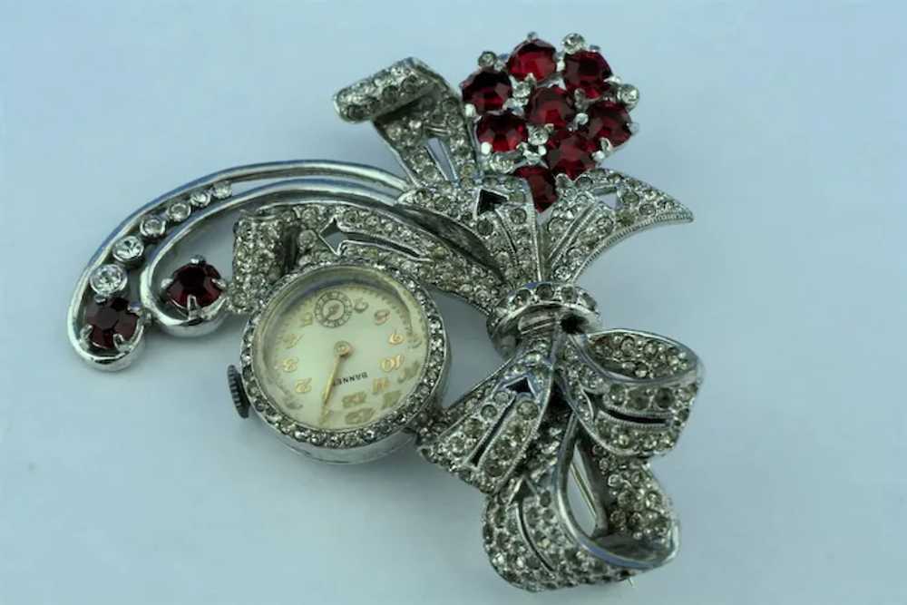 1930"s Art Deco Red and Clear Rhinestone Watch Br… - image 2