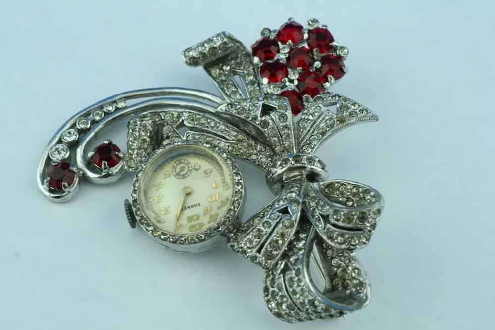 1930"s Art Deco Red and Clear Rhinestone Watch Br… - image 3