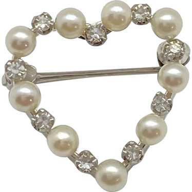 Petite Vintage Jeweled Heart Pin Brooch 14K White 