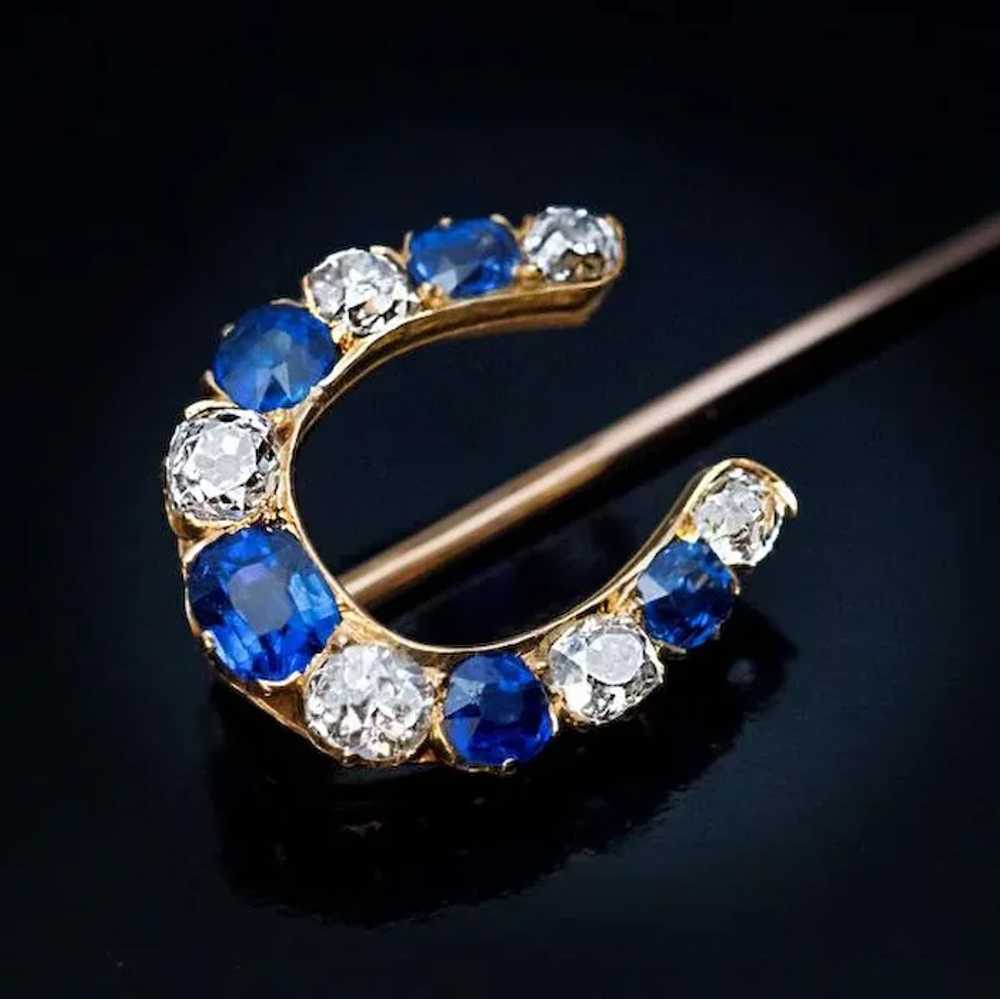 Antique Sapphire Diamond Horseshoe Stick Pin - image 3