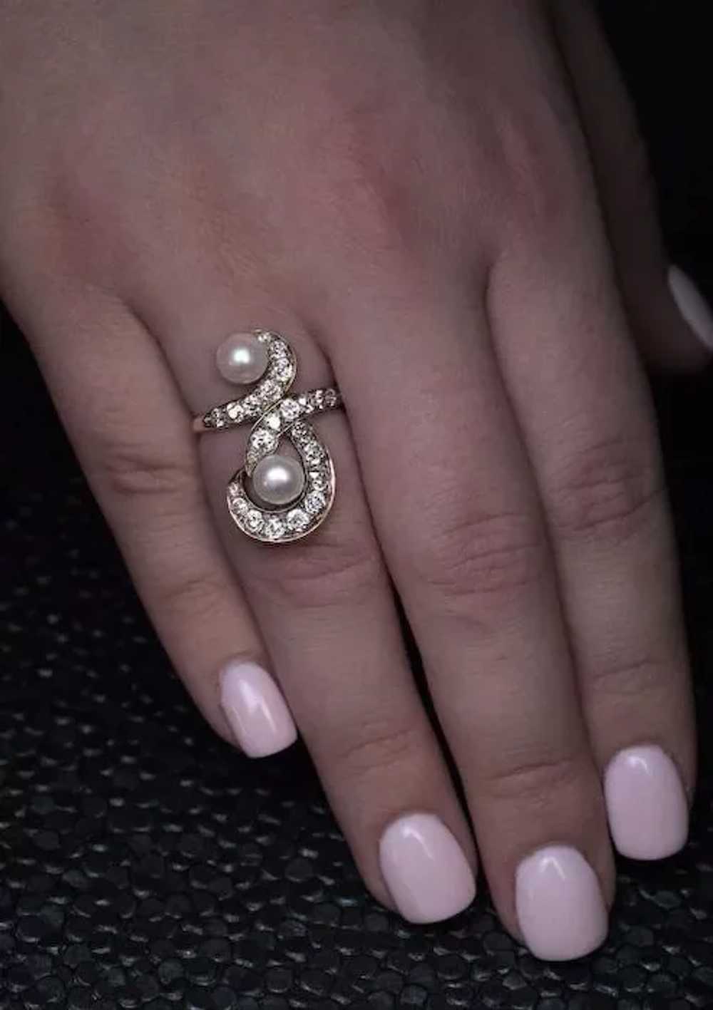 Belle Époque Antique Diamond Pearl 14k Gold Ring - image 2