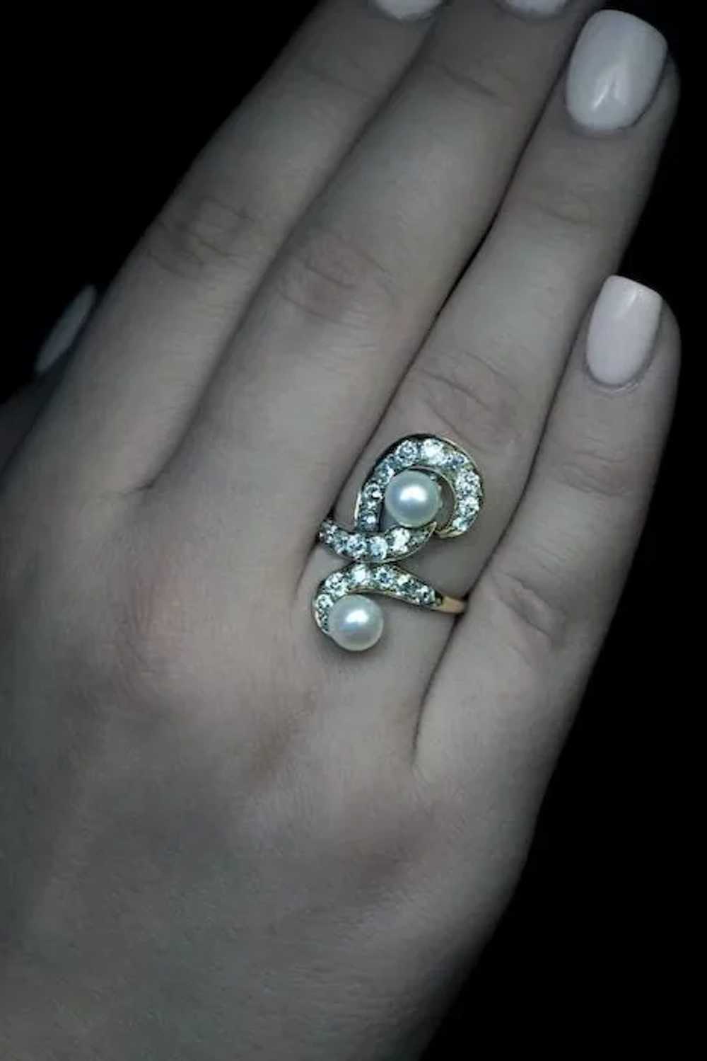 Belle Époque Antique Diamond Pearl 14k Gold Ring - image 5