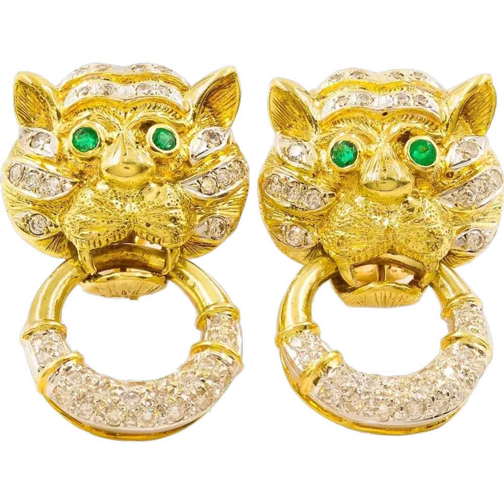 Vintage Pair of 14 Karat Gold Tiger-Face Earrings… - image 1