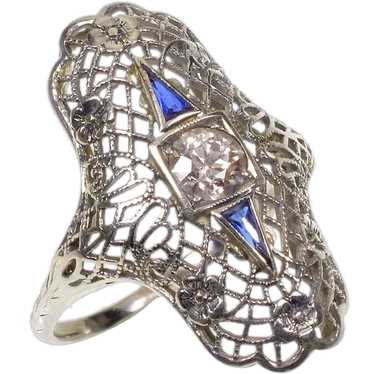 Art Deco 18K White Gold Diamond Sapphire Ring Siz… - image 1