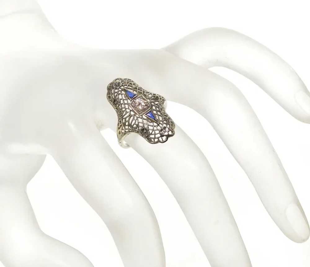 Art Deco 18K White Gold Diamond Sapphire Ring Siz… - image 2