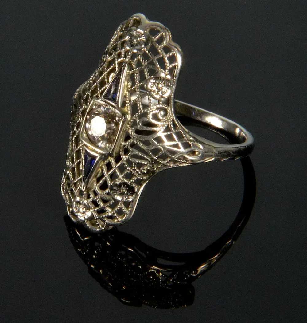 Art Deco 18K White Gold Diamond Sapphire Ring Siz… - image 3