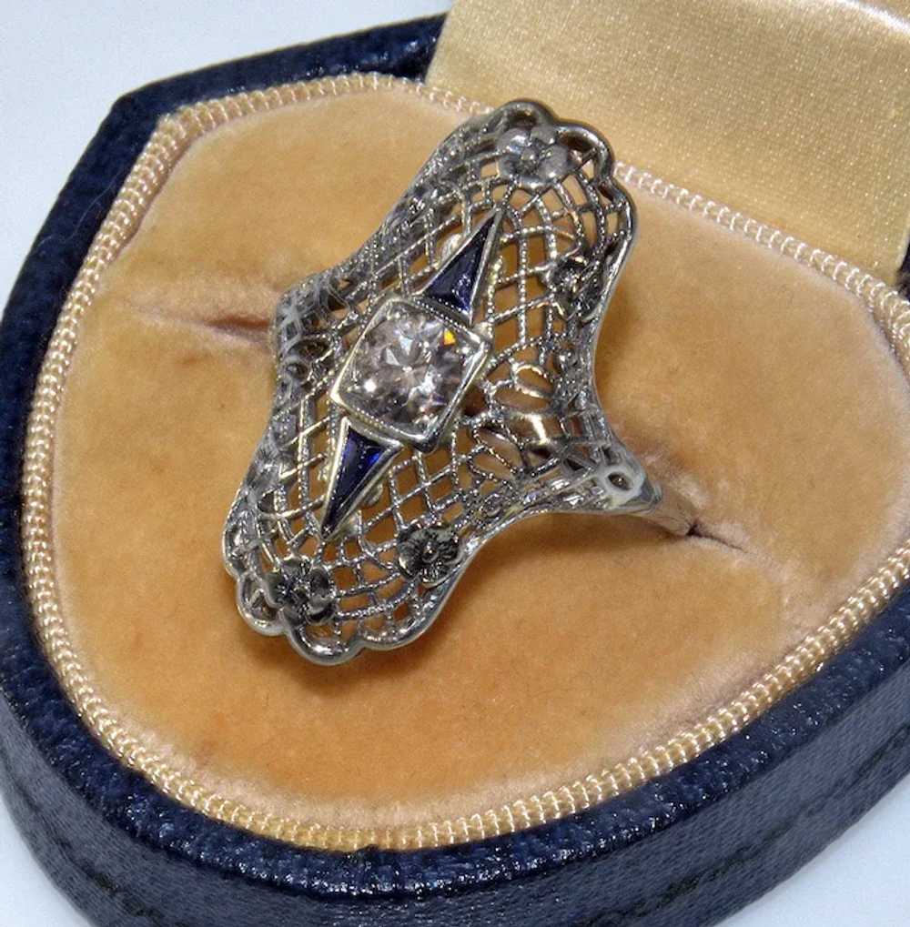Art Deco 18K White Gold Diamond Sapphire Ring Siz… - image 4