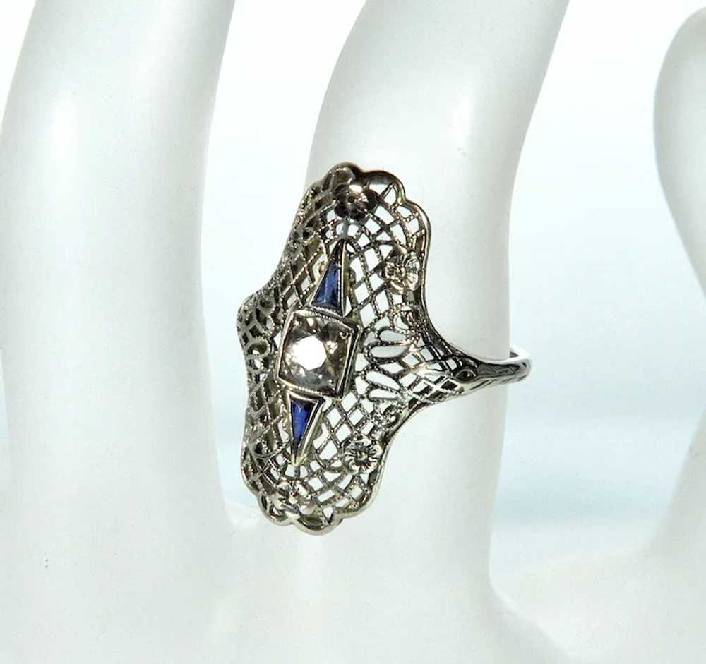 Art Deco 18K White Gold Diamond Sapphire Ring Siz… - image 5