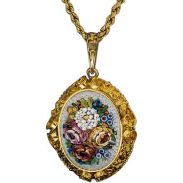 Large Antique Italian Micro Mosaic 14K Gold Locket