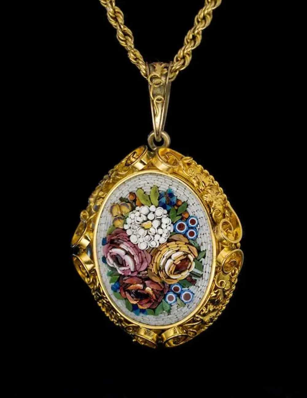 Large Antique Italian Micro Mosaic 14K Gold Locke… - image 3