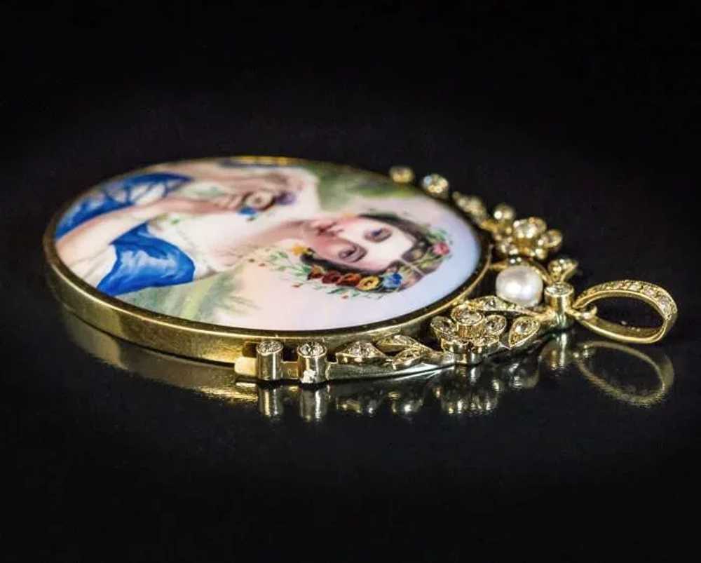 Antique Swiss Painted Enamel Diamond Pearl Gold P… - image 2
