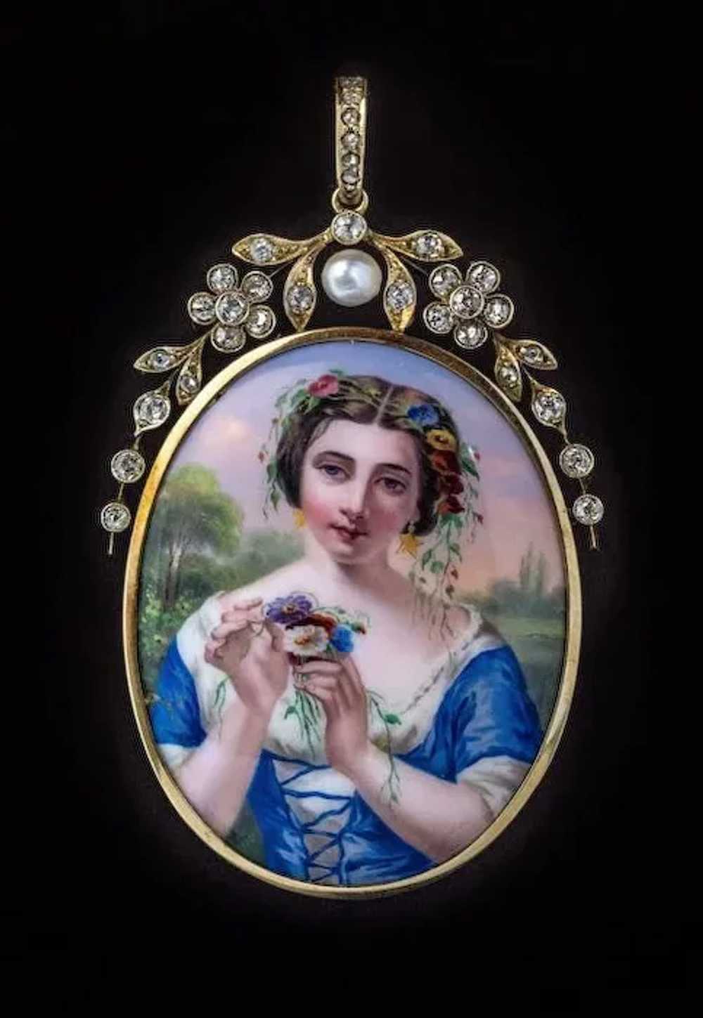 Antique Swiss Painted Enamel Diamond Pearl Gold P… - image 3