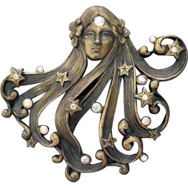 Art Nouveau Style Brooch ​Mystical ​Woman Long Ha… - image 1