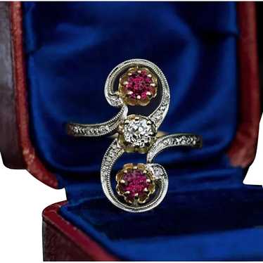 Belle Époque Antique French Diamond Ruby Scroll R… - image 1