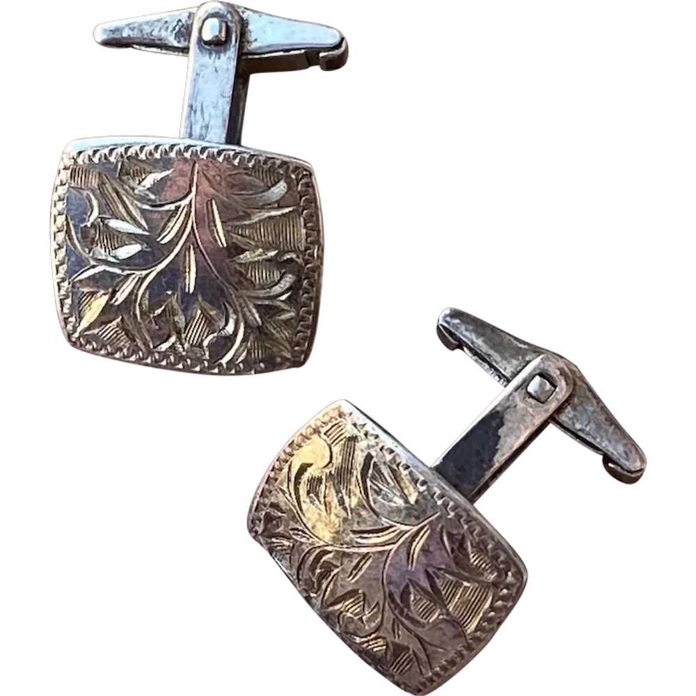 1950s 1960s Mens Silver Cufflinks Foliate Etched - image 1
