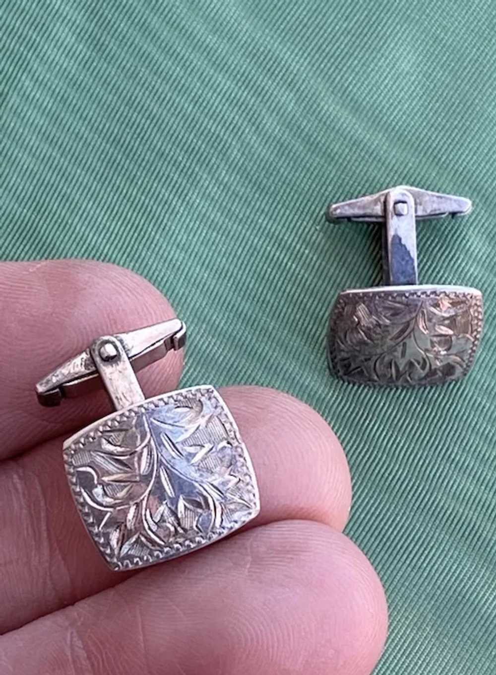 1950s 1960s Mens Silver Cufflinks Foliate Etched - image 2