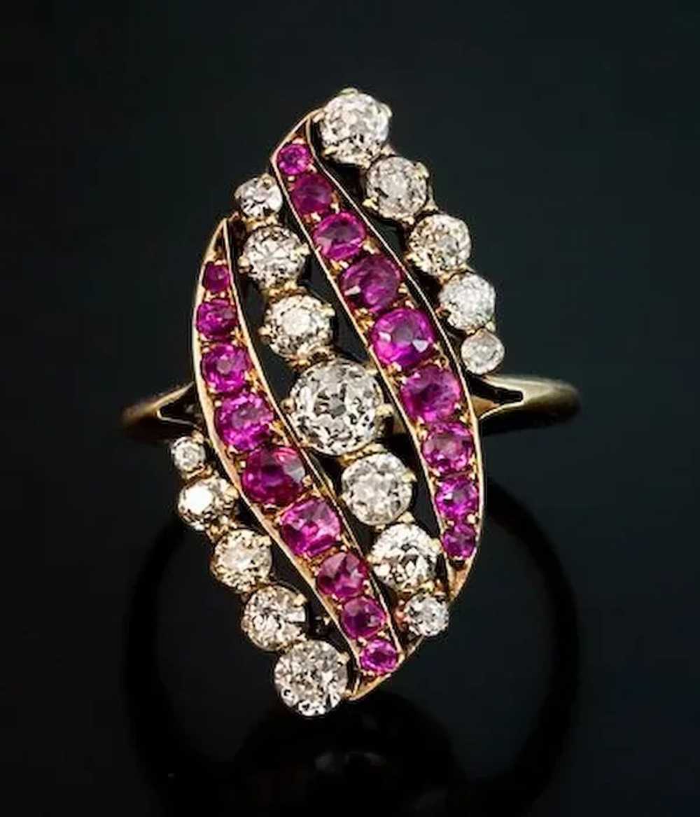 Antique Pink Sapphire Diamond Swirl 14K Gold Ring - image 1