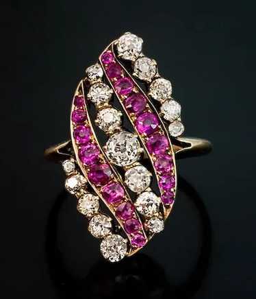 Antique Pink Sapphire Diamond Swirl 14K Gold Ring