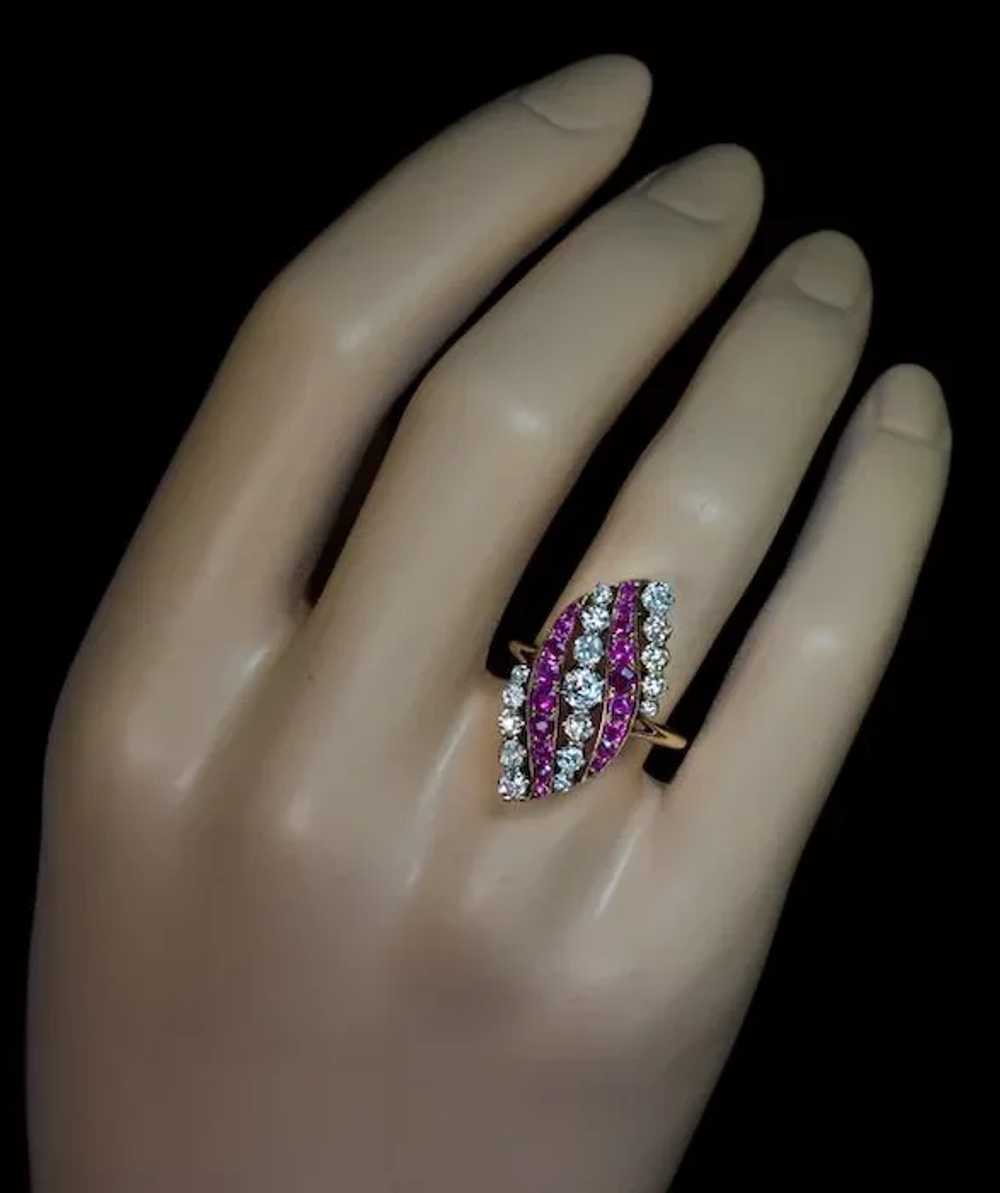 Antique Pink Sapphire Diamond Swirl 14K Gold Ring - image 2