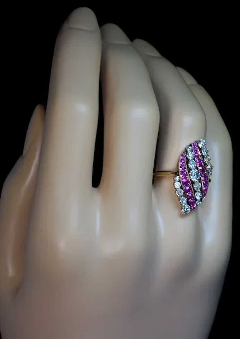 Antique Pink Sapphire Diamond Swirl 14K Gold Ring - image 3