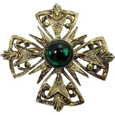 Maltese Cross Brooch ~ Emerald Green Cabochon ~ D… - image 1