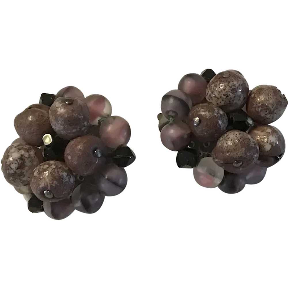 Vintage Clip on Bead Cluster Earrings Plum and Br… - image 1