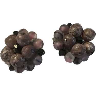 Vintage Clip on Bead Cluster Earrings Plum and Br… - image 1