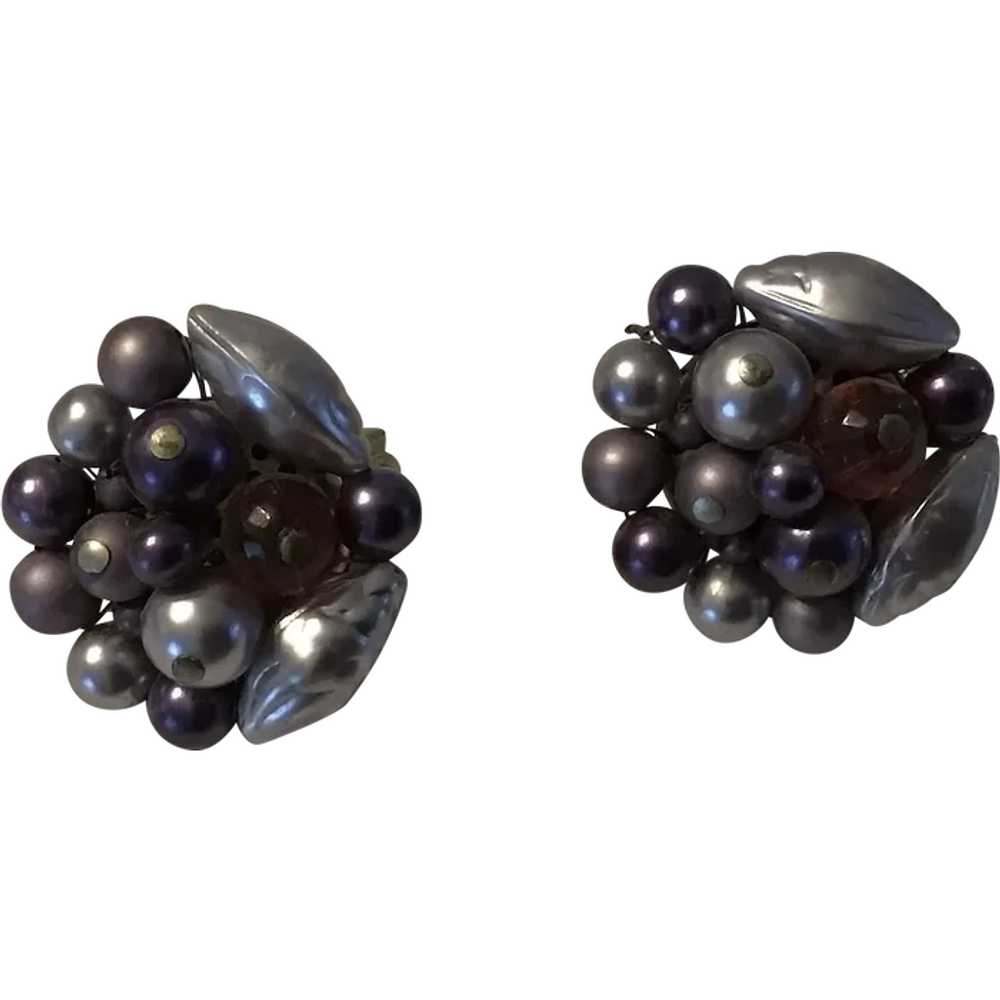 Vintage Clip on Bead Cluster Earrings Plum and Si… - image 1